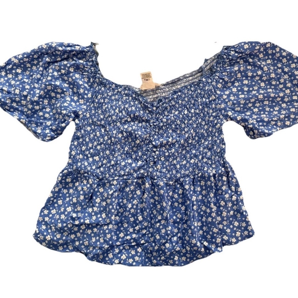 Blue Floral Smocked Peasant Crop Top Cottage core Coquette Fairy